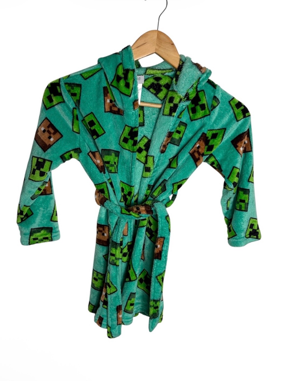 Minecraft fuzzy hooded tie waist Steve & creeper bath robe unisex size (S) 6